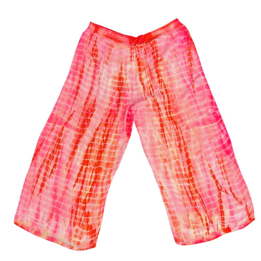 CAL STYLE || WIDE LEG W/DRAWSTRING || ORANGE HOT PINK YELLOW TYE DYE || SIZE: L - Picture 2 of 8